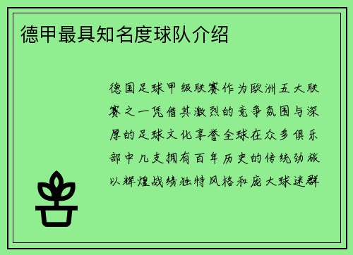 德甲最具知名度球队介绍