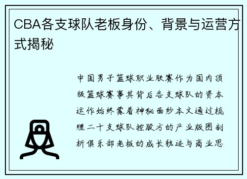 CBA各支球队老板身份、背景与运营方式揭秘