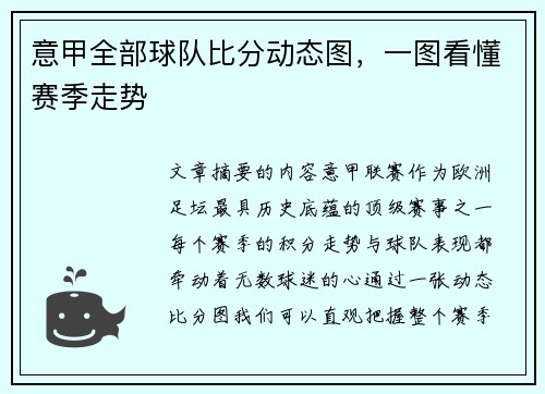 意甲全部球队比分动态图，一图看懂赛季走势
